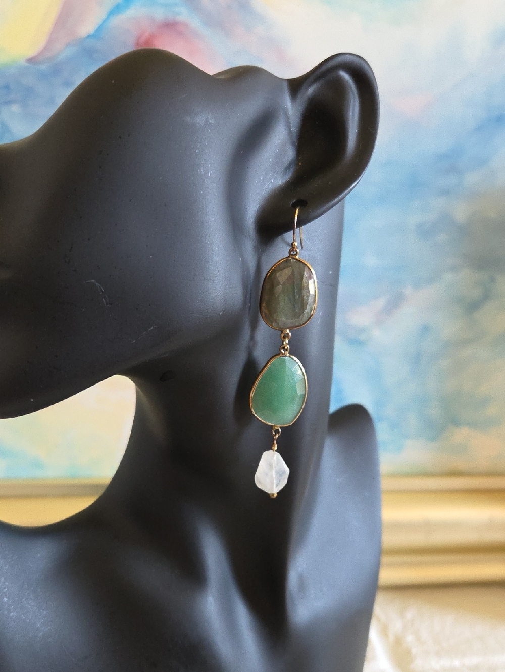 Three-Stone Green and White Drop Earrings - Gold Trim